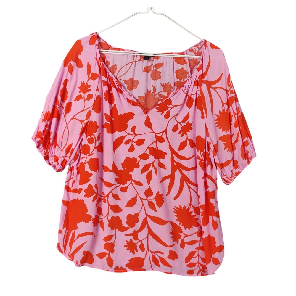 Talbots Floral Artsy‎ Fairy Garden V-Neck 3/4 Puff Sleeve Top Pink Women LargeP